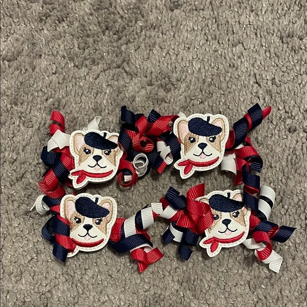 Gymboree Girls 4 French Bulldog Hair Clips - Red, Blue, White NWOT